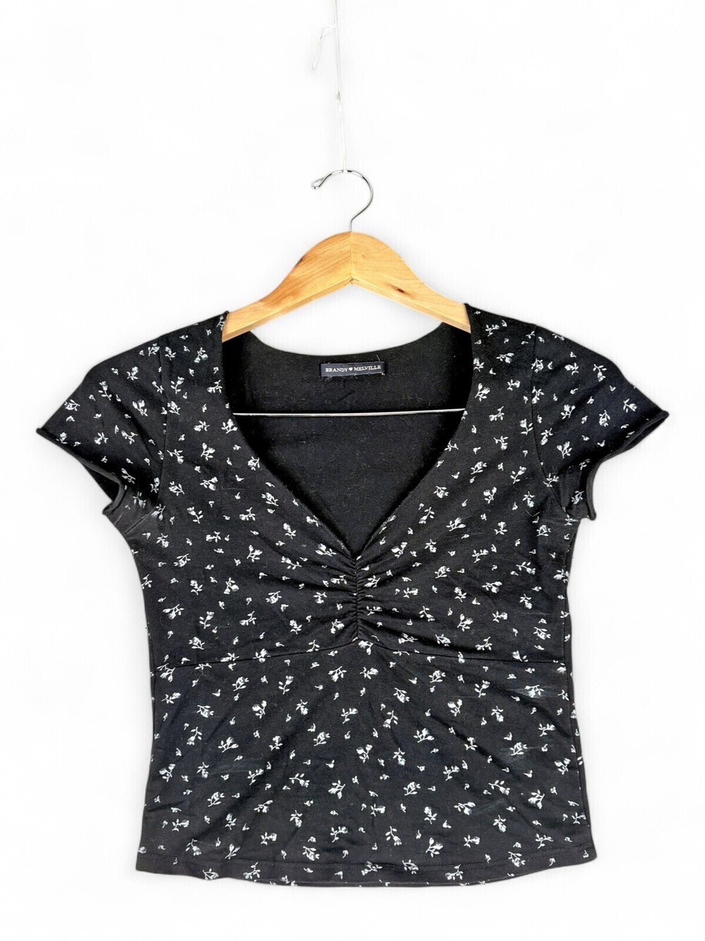 Brandy Melville Black Floral Ruched V-Neck Tee OS